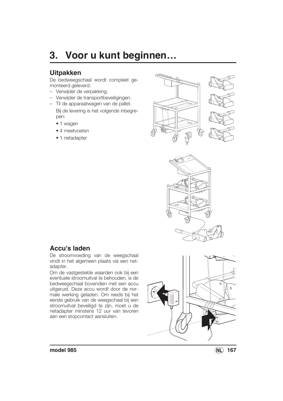 Voor u kunt beginnen, Uitpakken, Accu's laden | Seca 985 User Manual | Page 167 / 239