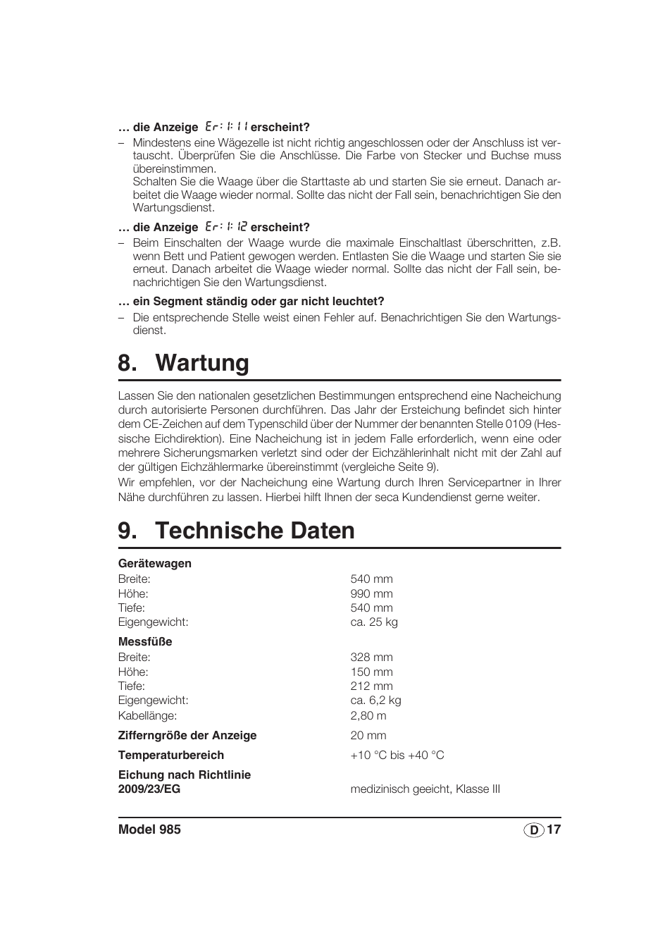 Wartung, Technische daten | Seca 985 User Manual | Page 17 / 239