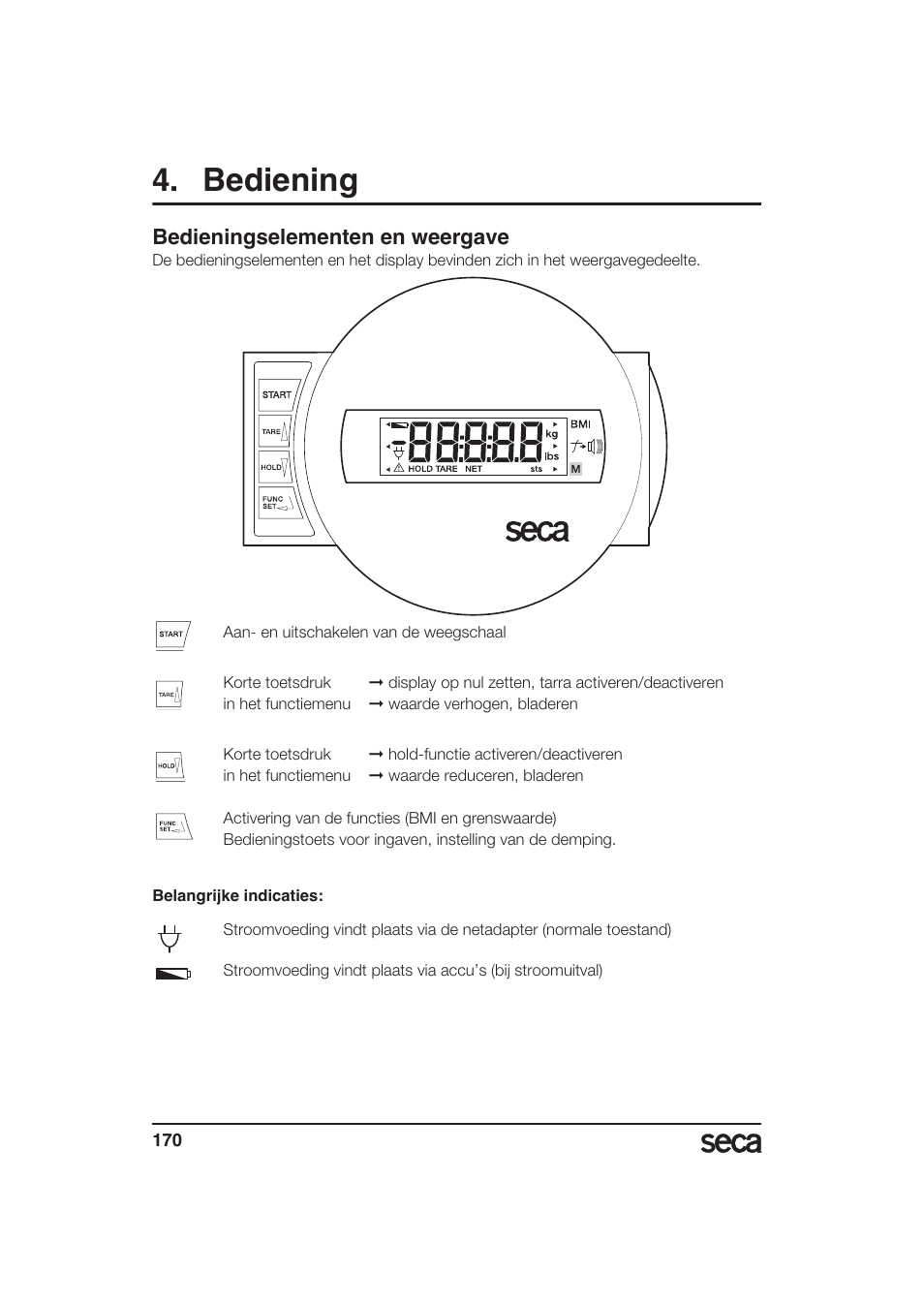 Bediening, Bedieningselementen en weergave | Seca 985 User Manual | Page 170 / 239