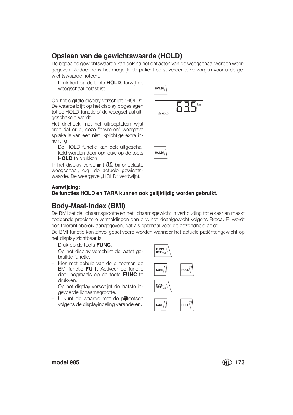 Opslaan van de gewichtswaarde (hold), Body-maat-index (bmi) | Seca 985 User Manual | Page 173 / 239