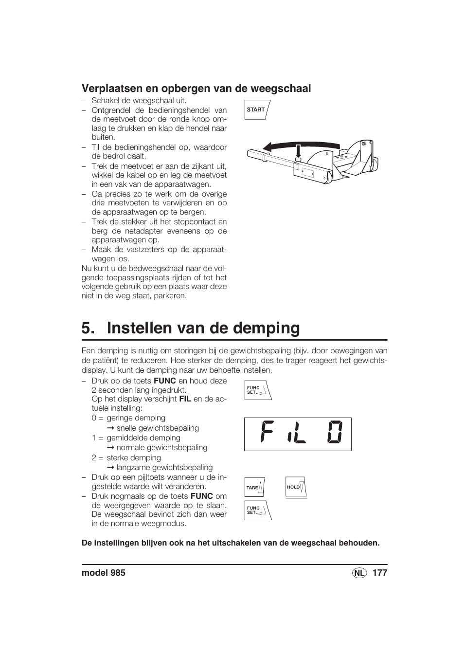 Verplaatsen en opbergen van de weegschaal, Instellen van de demping | Seca 985 User Manual | Page 177 / 239