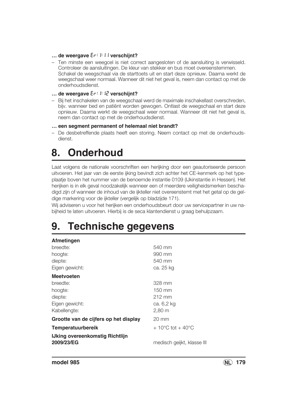 Onderhoud, Technische gegevens | Seca 985 User Manual | Page 179 / 239