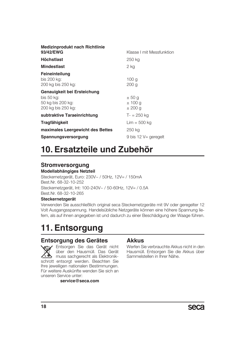 Ersatzteile und zubehör, Stromversorgung, Entsorgung | Entsorgung des gerätes, Akkus | Seca 985 User Manual | Page 18 / 239