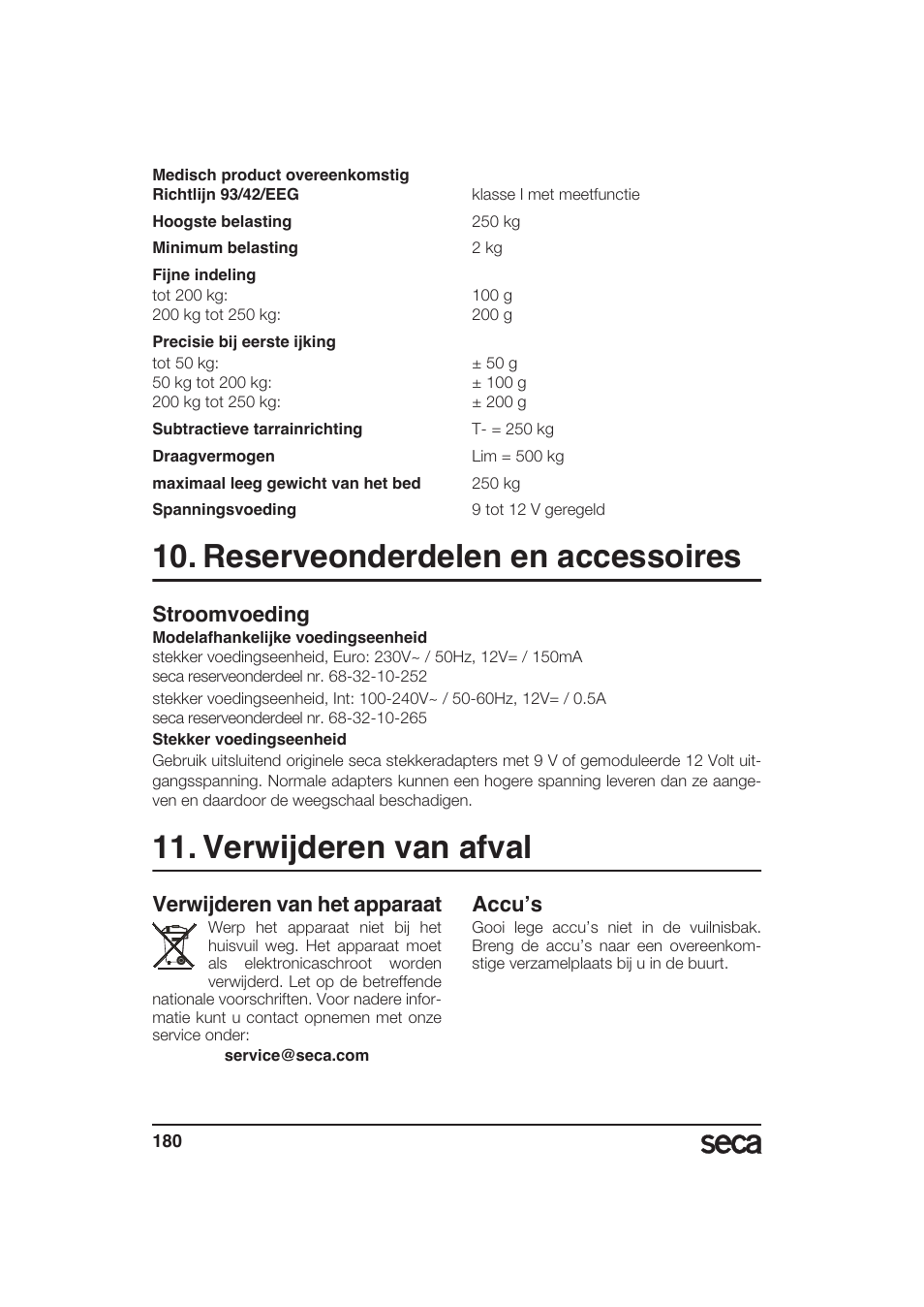Reserveonderdelen en accessoires, Stroomvoeding, Verwijderen van afval | Verwijderen van het apparaat, Accu’s | Seca 985 User Manual | Page 180 / 239