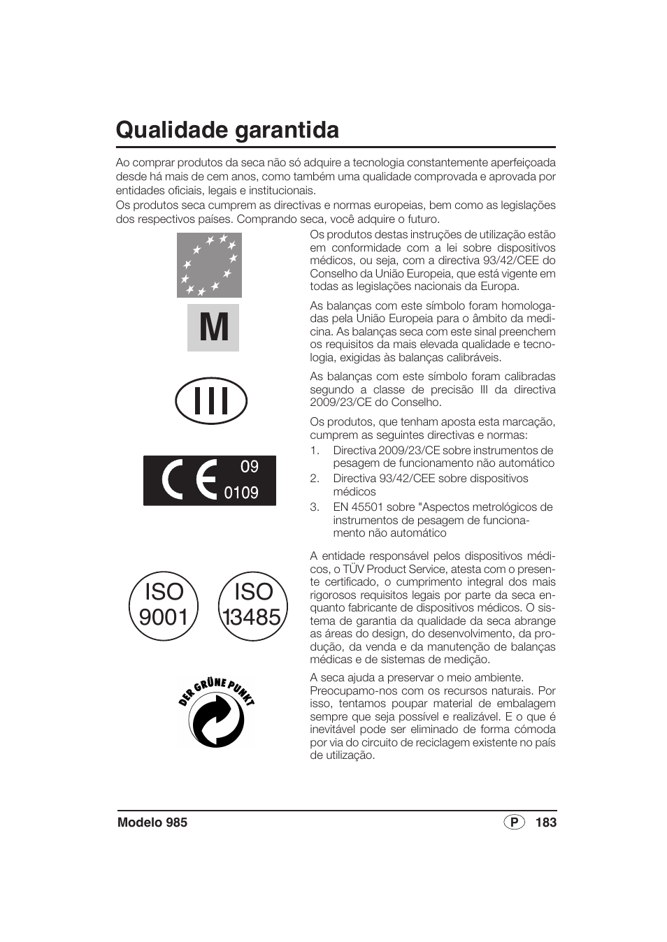 Qualidade garantida | Seca 985 User Manual | Page 183 / 239