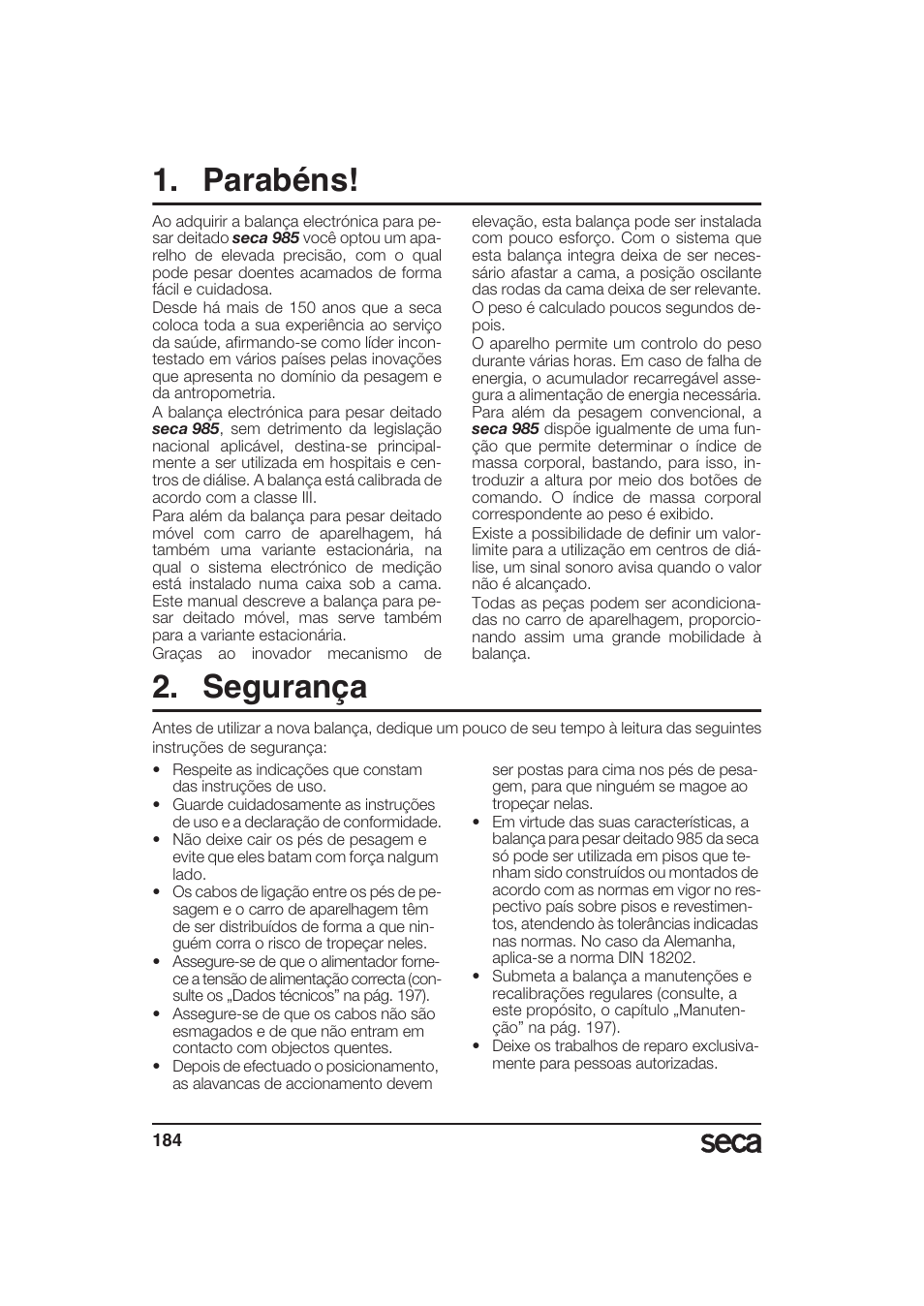 Português, Parabéns, Segurança | Seca 985 User Manual | Page 184 / 239