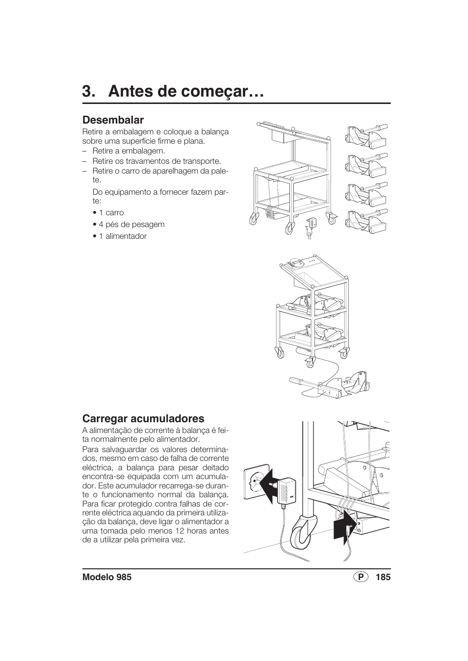 Antes de começar, Desembalar, Carregar acumuladores | Seca 985 User Manual | Page 185 / 239