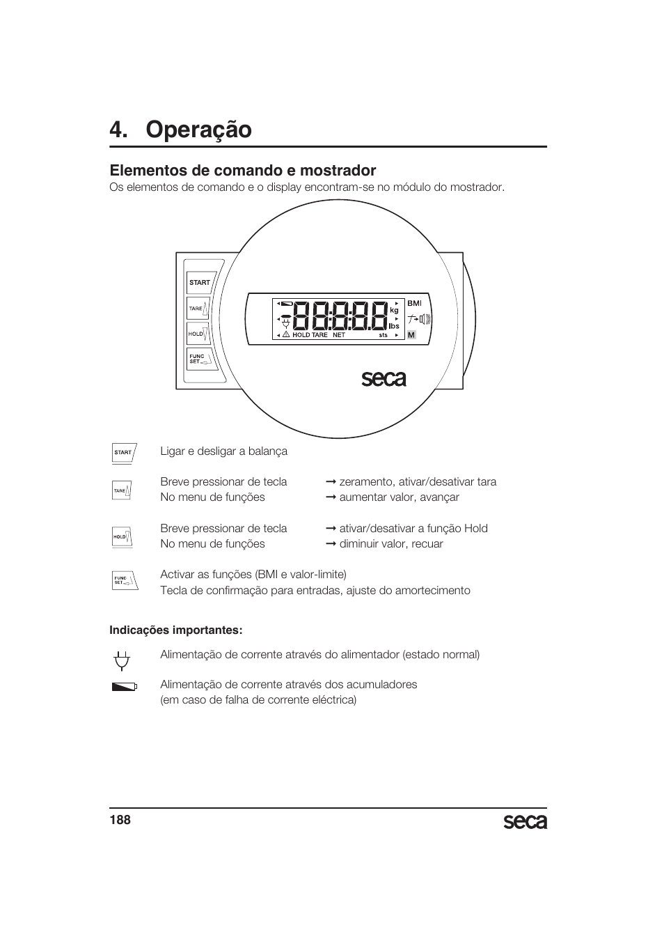 Operação, Elementos de comando e mostrador | Seca 985 User Manual | Page 188 / 239