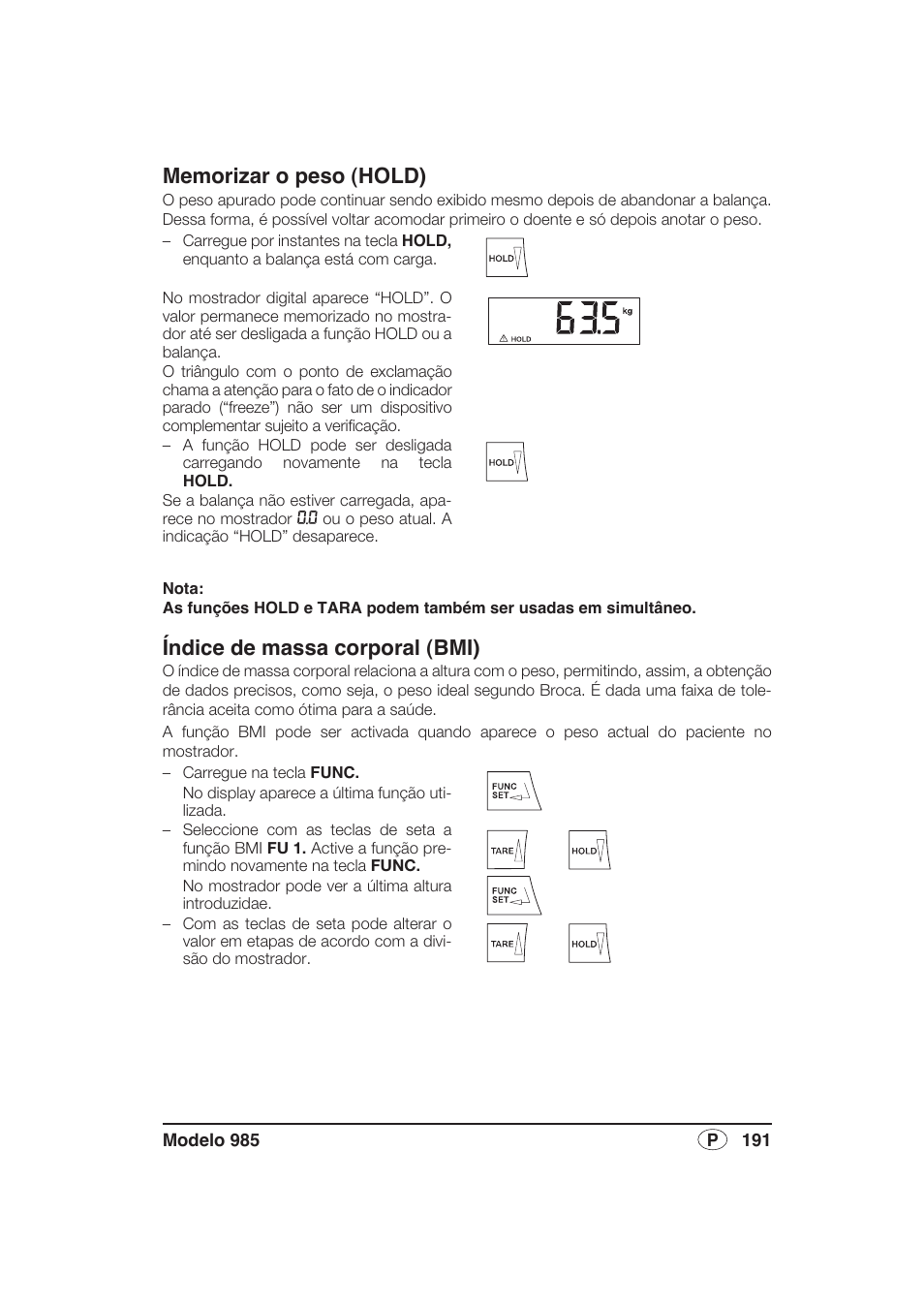 Memorizar o peso (hold), Índice de massa corporal (bmi) | Seca 985 User Manual | Page 191 / 239
