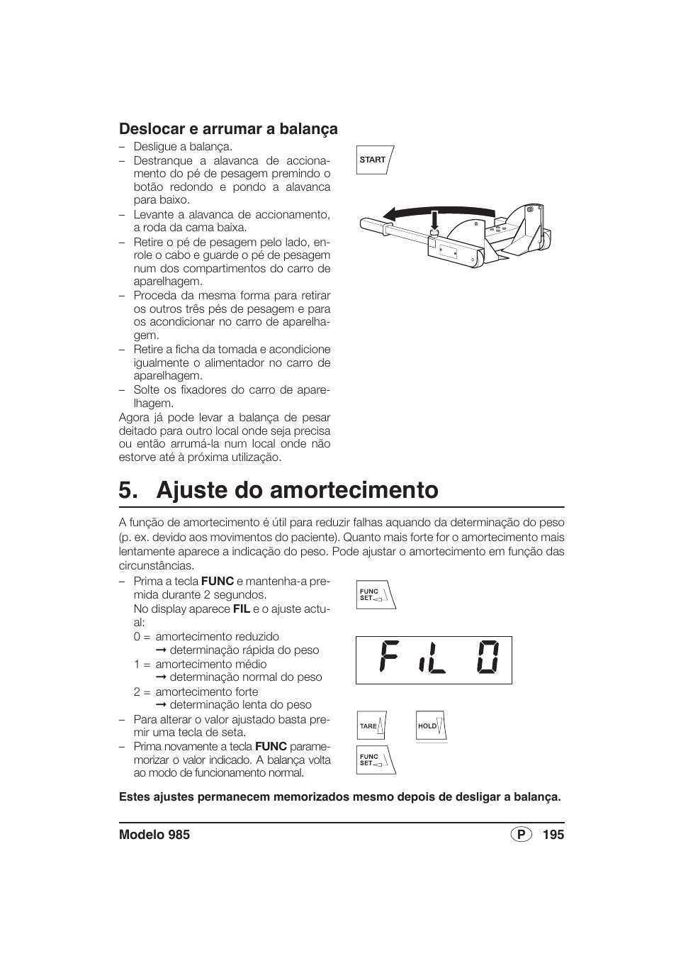 Deslocar e arrumar a balança, Ajuste do amortecimento | Seca 985 User Manual | Page 195 / 239