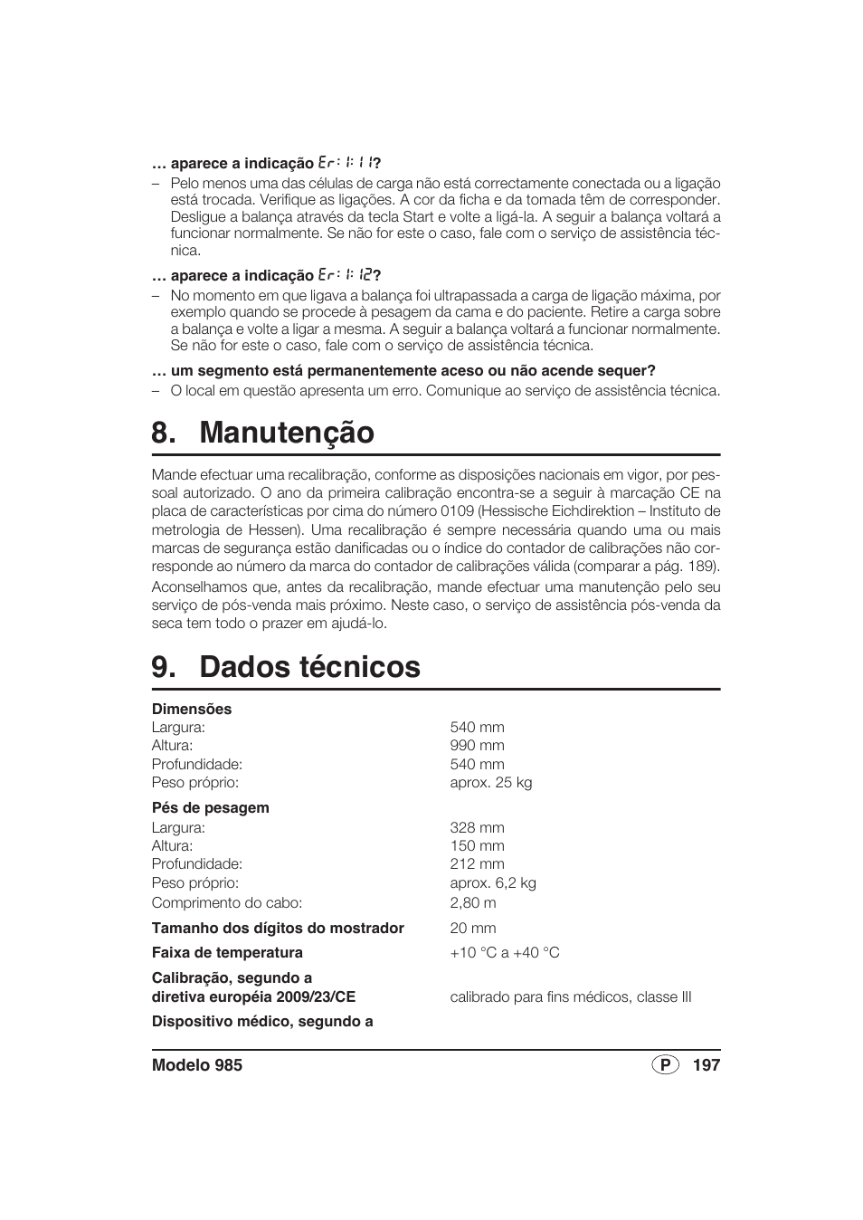 Manutenção, Dados técnicos | Seca 985 User Manual | Page 197 / 239