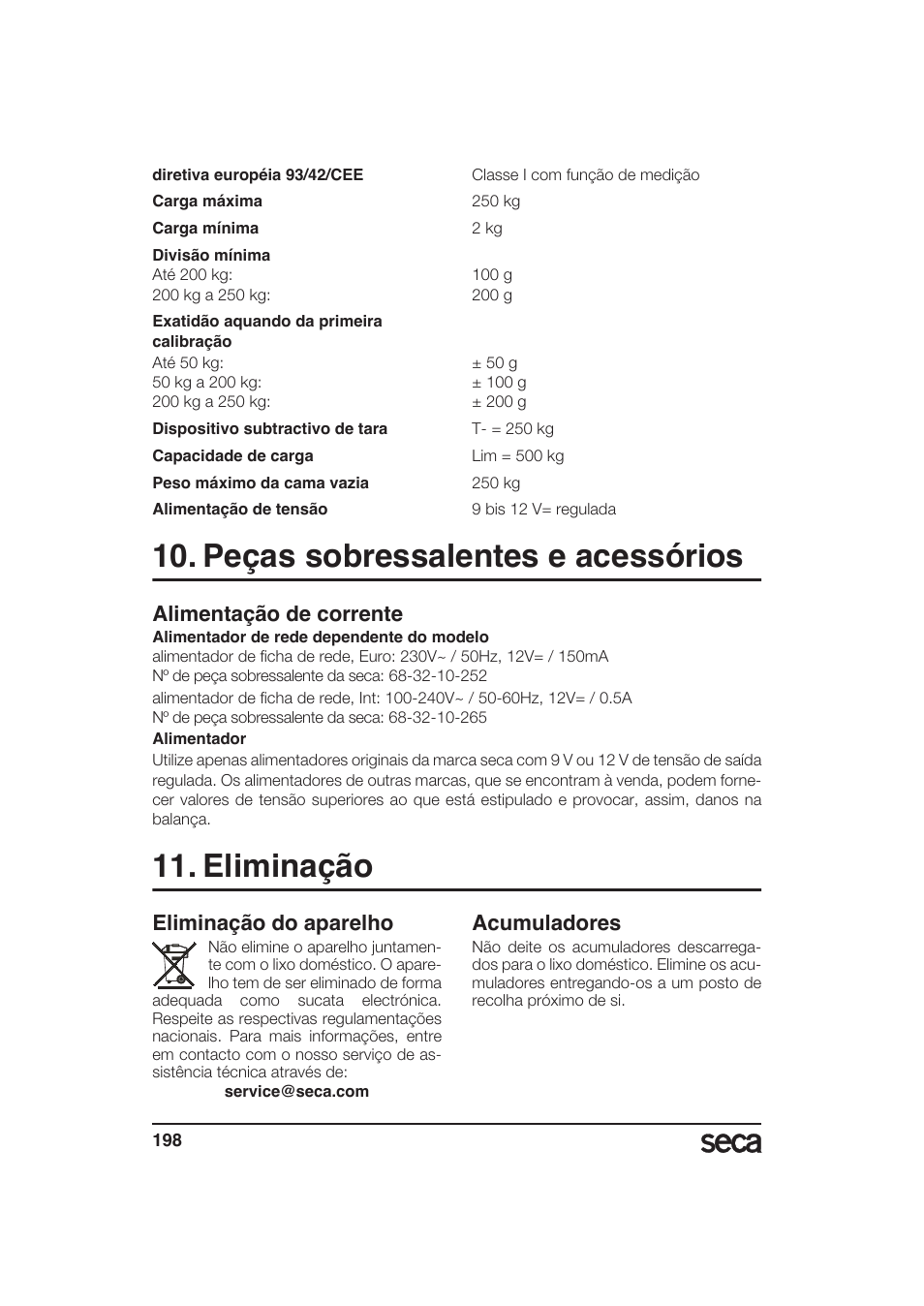 Peças sobressalentes e acessórios, Alimentação de corrente, Eliminação | Eliminação do aparelho, Acumuladores | Seca 985 User Manual | Page 198 / 239