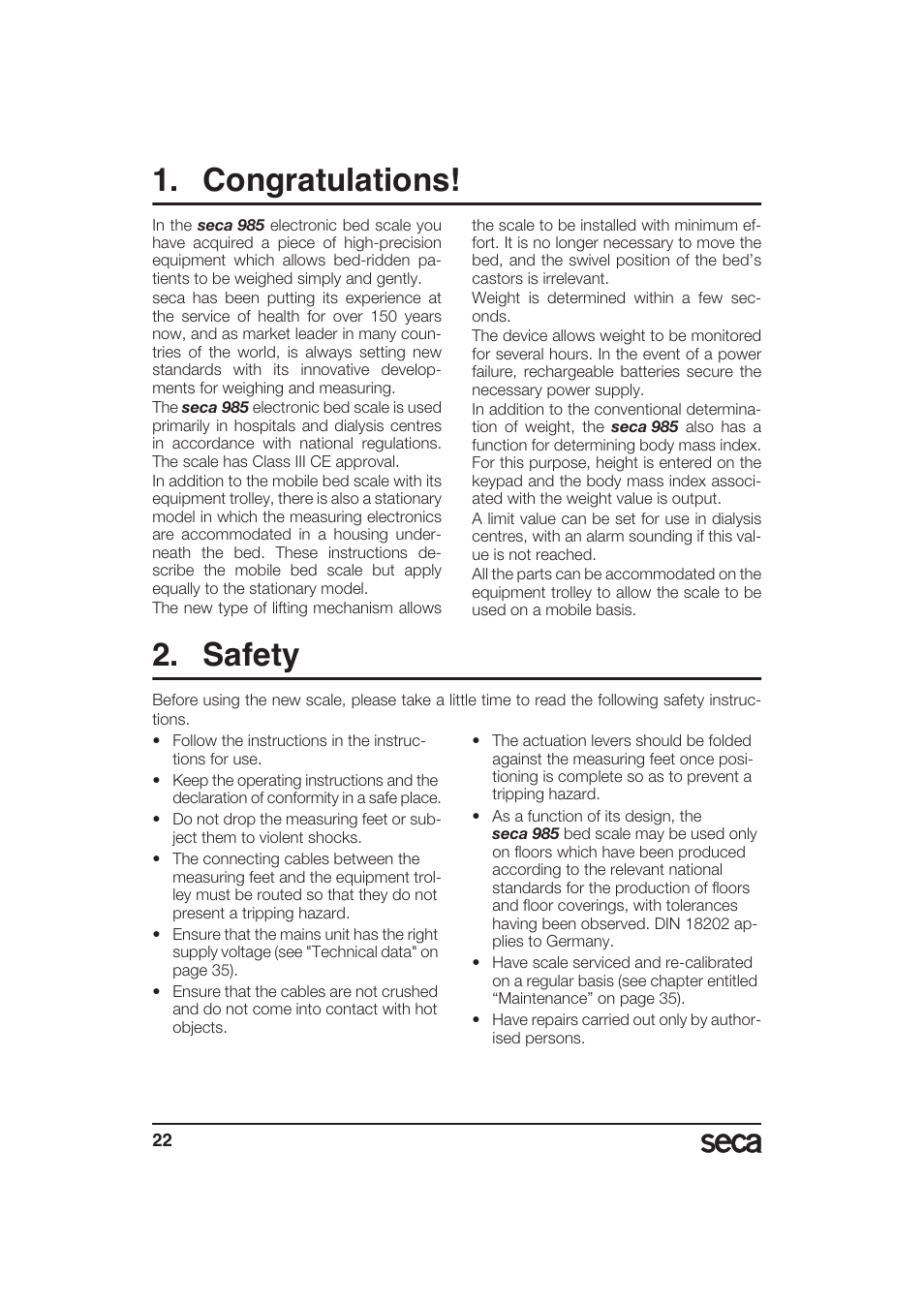 Congratulations, Safety | Seca 985 User Manual | Page 22 / 239