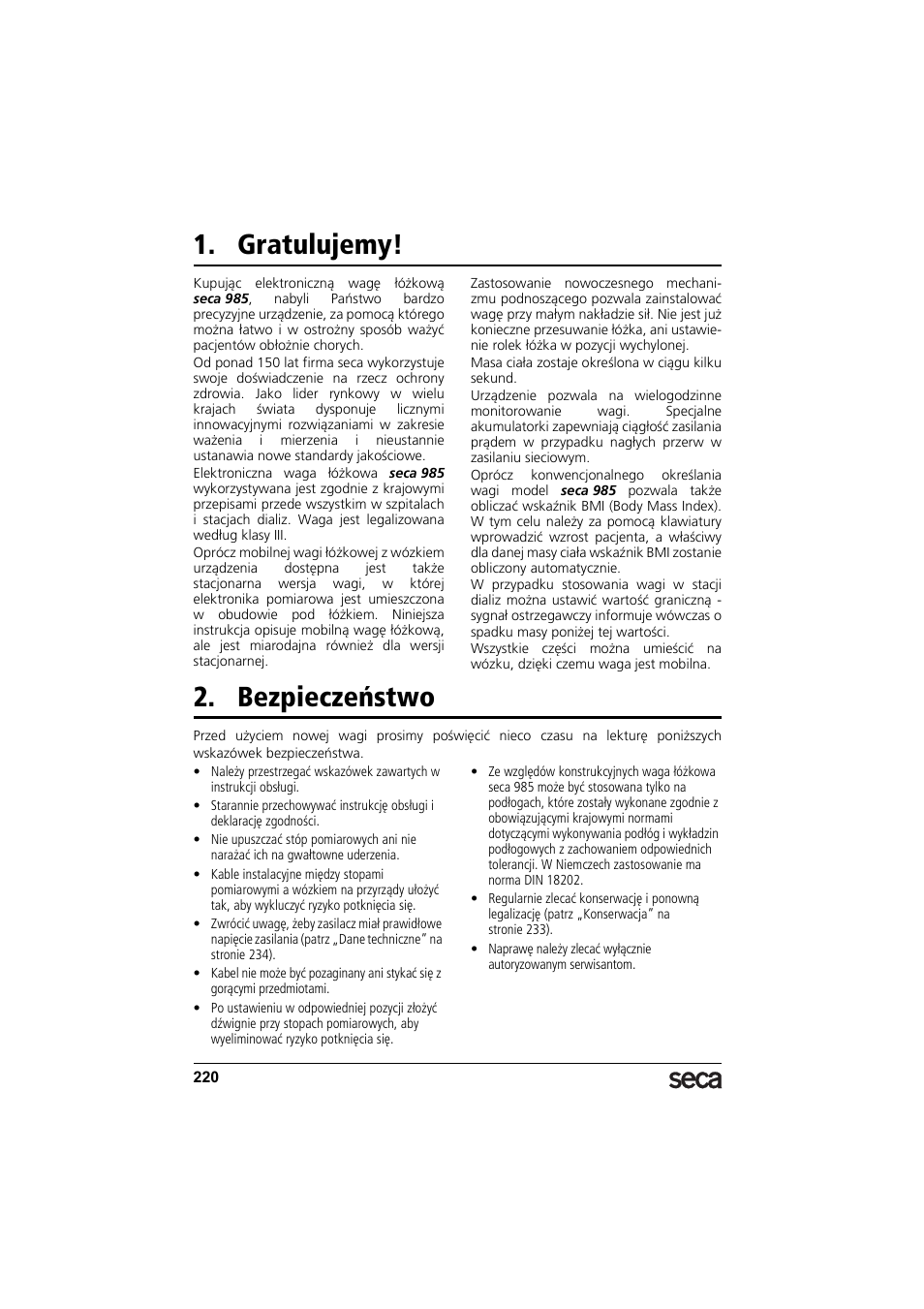 Gratulujemy, Bezpieczeństwo | Seca 985 User Manual | Page 220 / 239