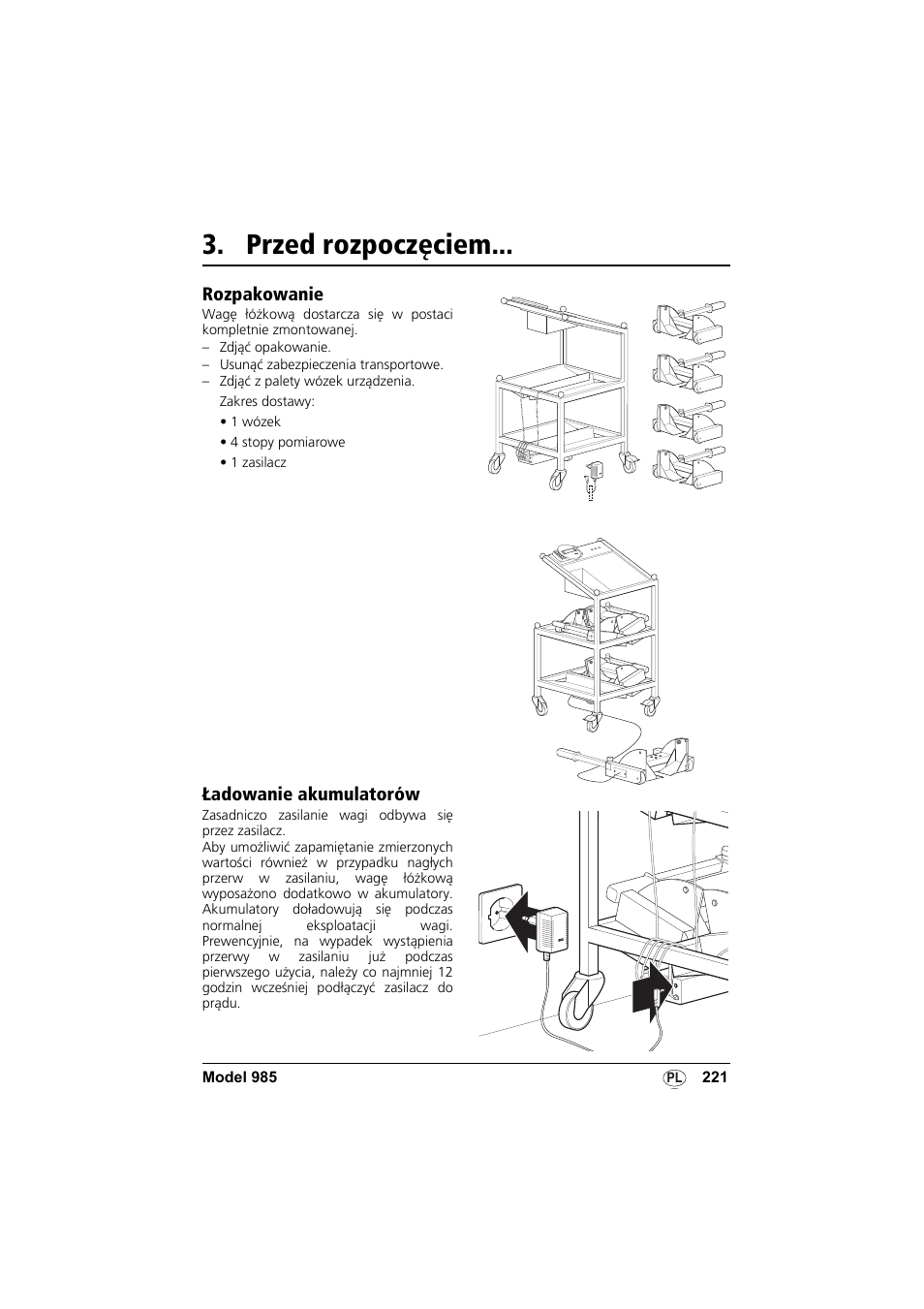 Przed rozpoczęciem, Rozpakowanie, Ładowanie akumulatorów | Seca 985 User Manual | Page 221 / 239