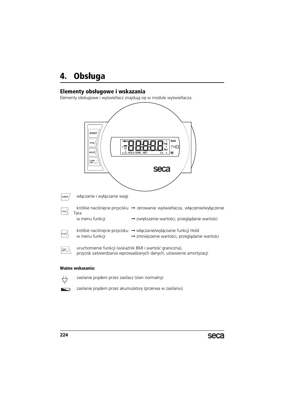 Obsługa, Elementy obsługowe i wskazania | Seca 985 User Manual | Page 224 / 239