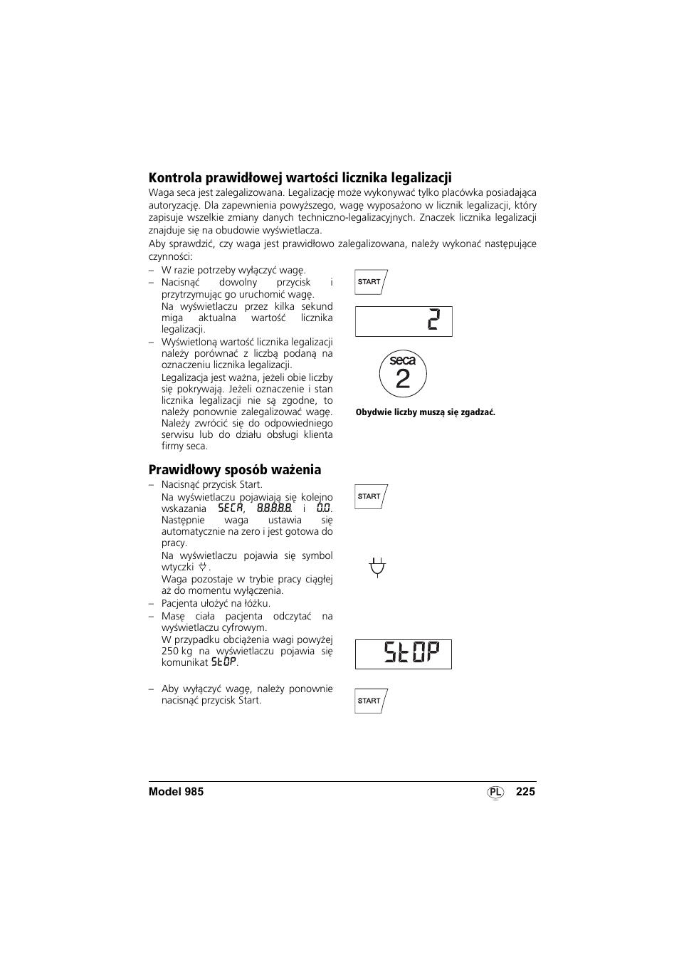 Kontrola prawidłowej wartości licznika legalizacji, Prawidłowy sposób ważenia | Seca 985 User Manual | Page 225 / 239