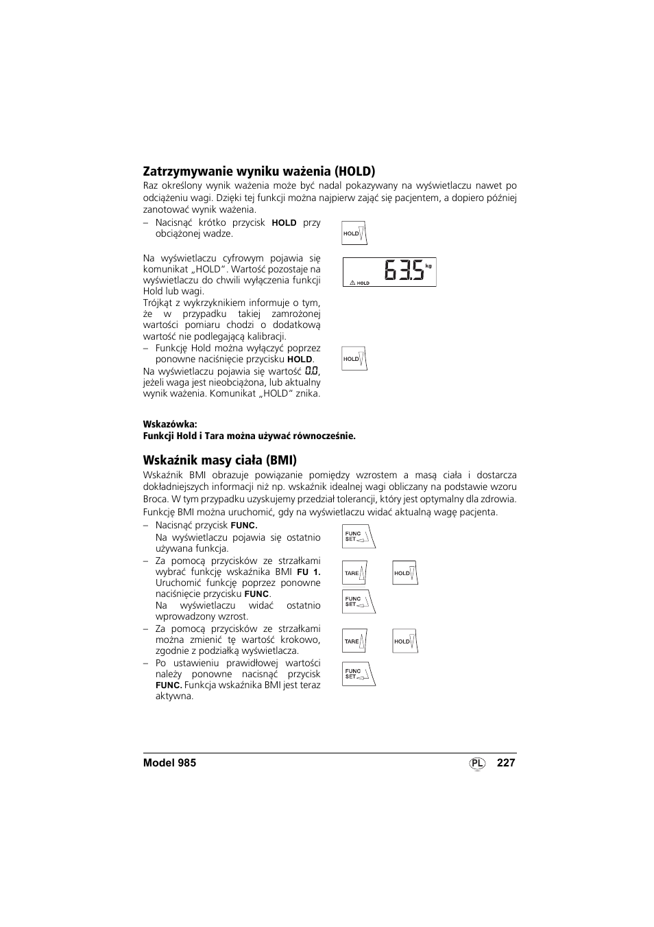 Zatrzymywanie wyniku ważenia (hold), Wskaźnik masy ciała (bmi) | Seca 985 User Manual | Page 227 / 239