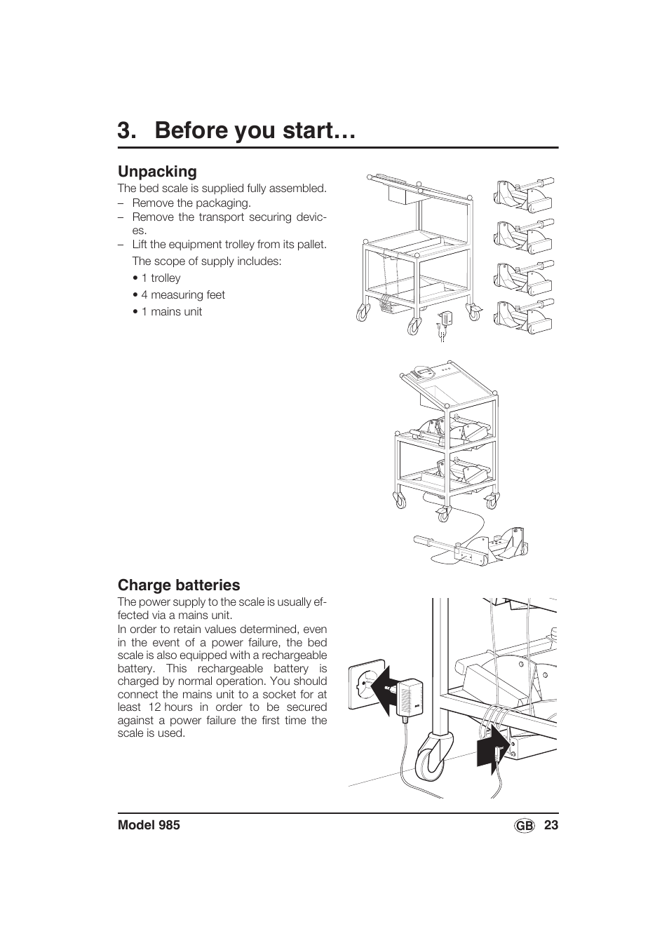 Before you start, Unpacking, Charge batteries | Seca 985 User Manual | Page 23 / 239