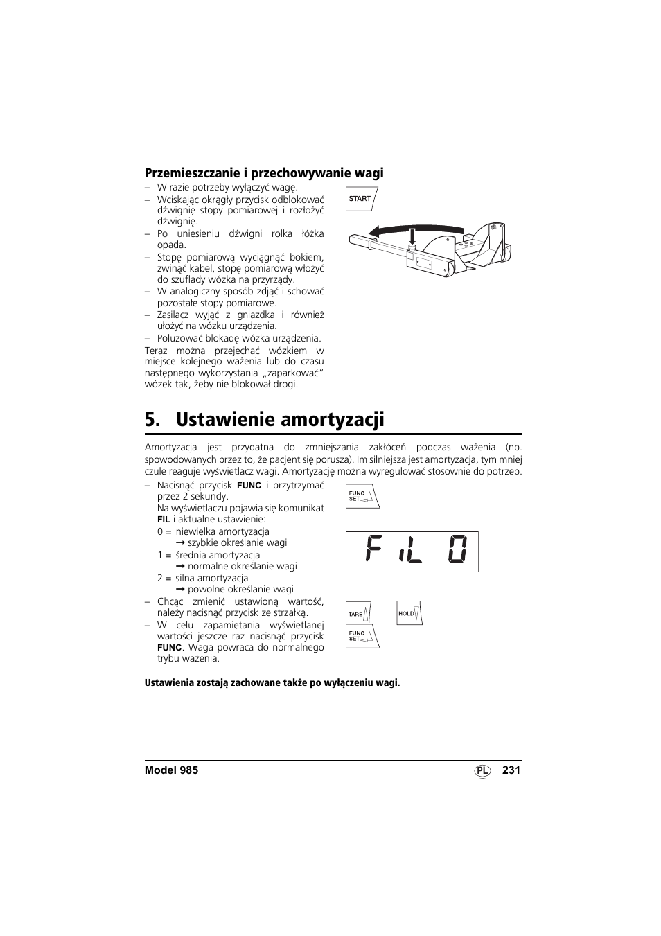 Przemieszczanie i przechowywanie wagi, Ustawienie amortyzacji | Seca 985 User Manual | Page 231 / 239