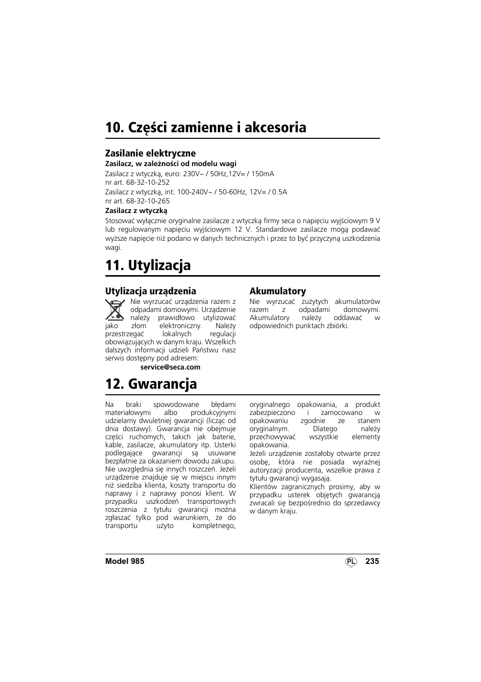Części zamienne i akcesoria, Zasilanie elektryczne, Utylizacja | Utylizacja urządzenia, Akumulatory, Gwarancja | Seca 985 User Manual | Page 235 / 239