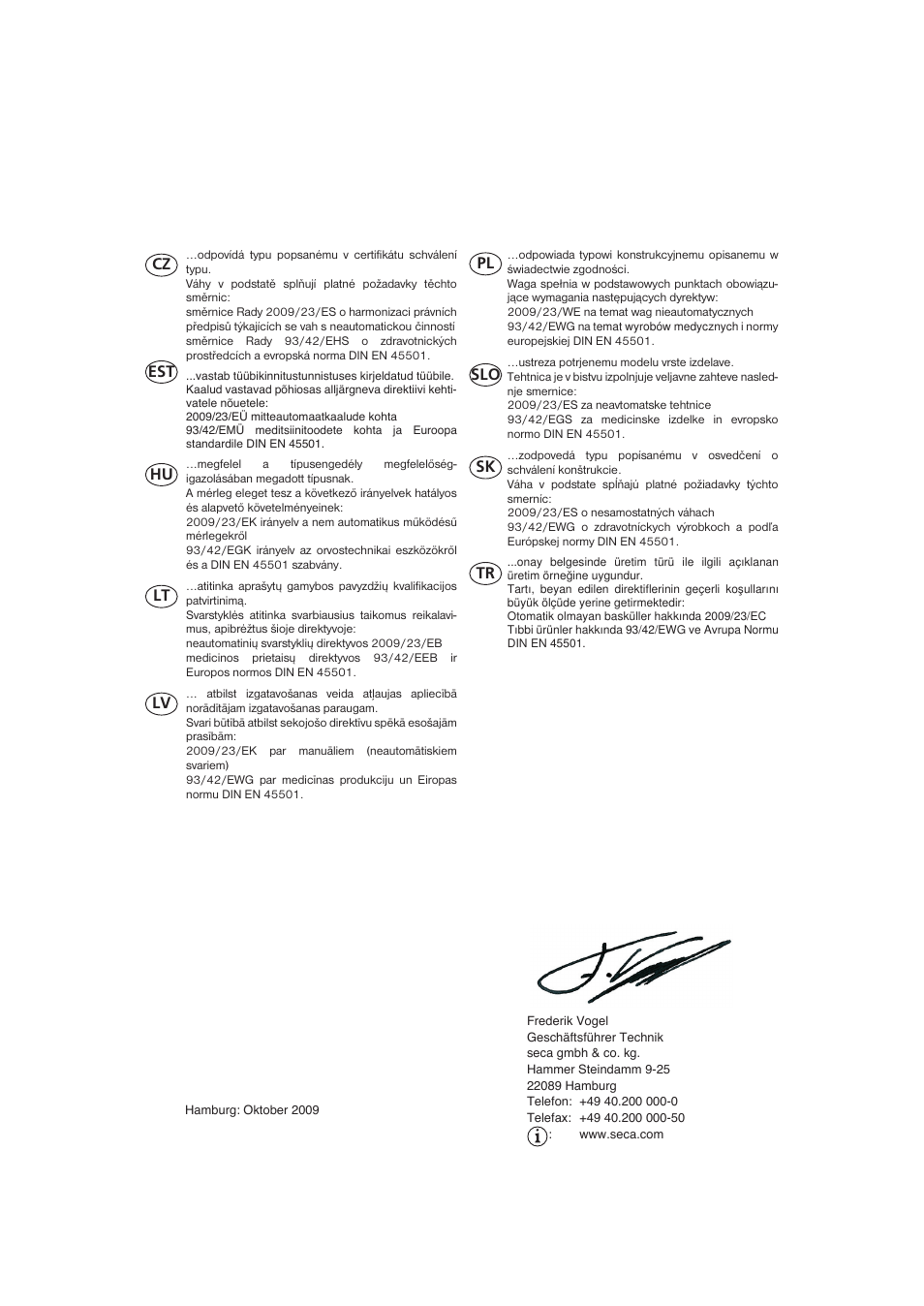 Cz est hu lt lv pl slo sk tr | Seca 985 User Manual | Page 239 / 239