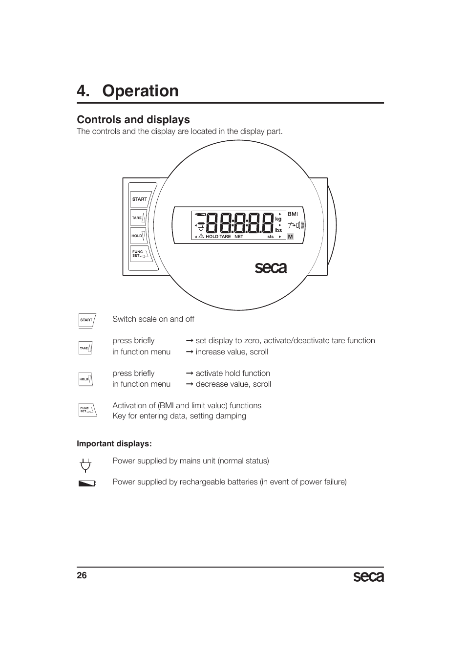 Operation, Controls and displays | Seca 985 User Manual | Page 26 / 239