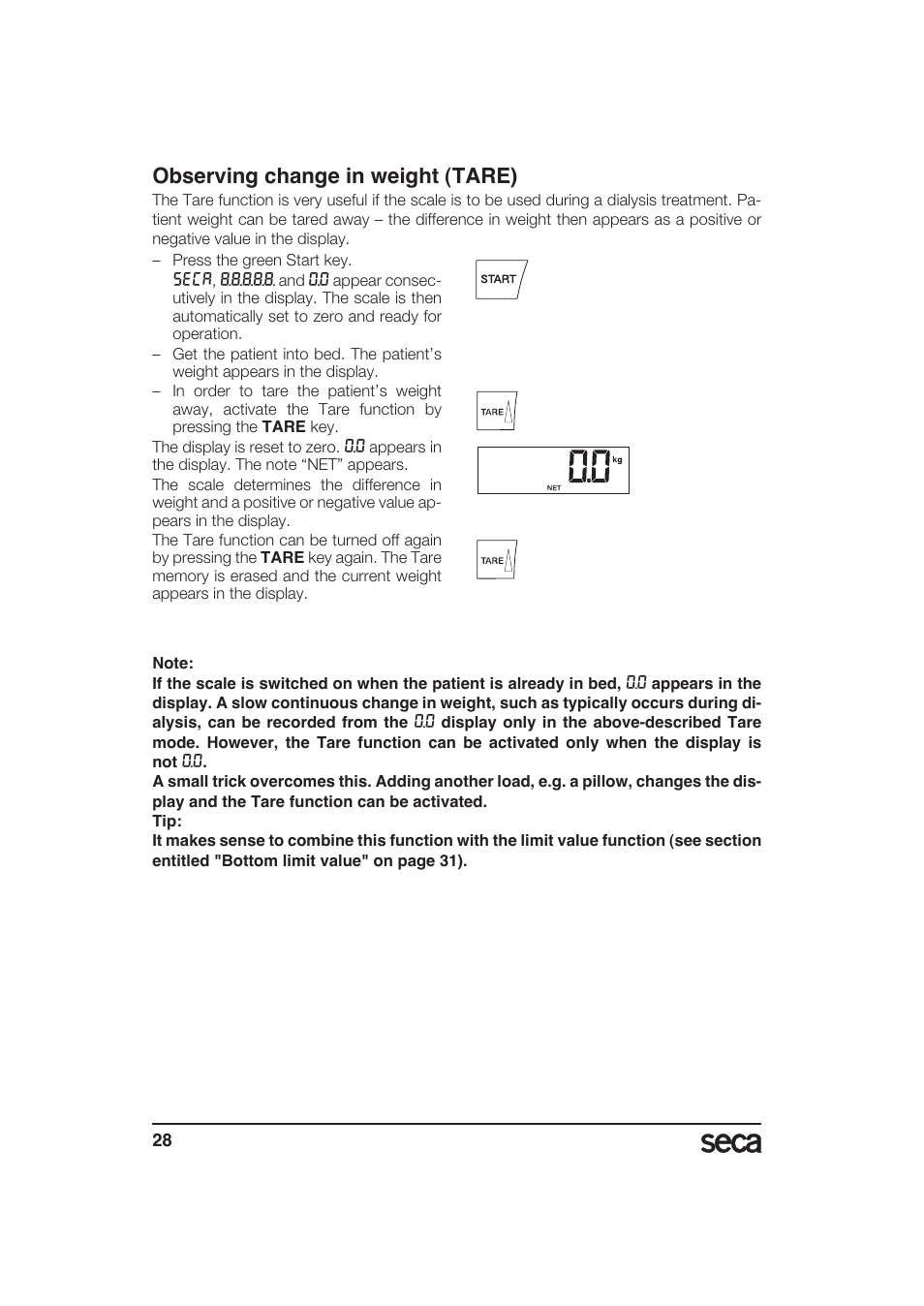 Observing change in weight (tare) | Seca 985 User Manual | Page 28 / 239