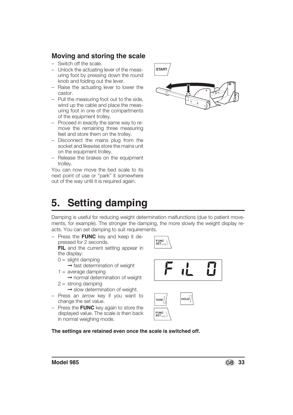 Moving and storing the scale, Setting damping | Seca 985 User Manual | Page 33 / 239