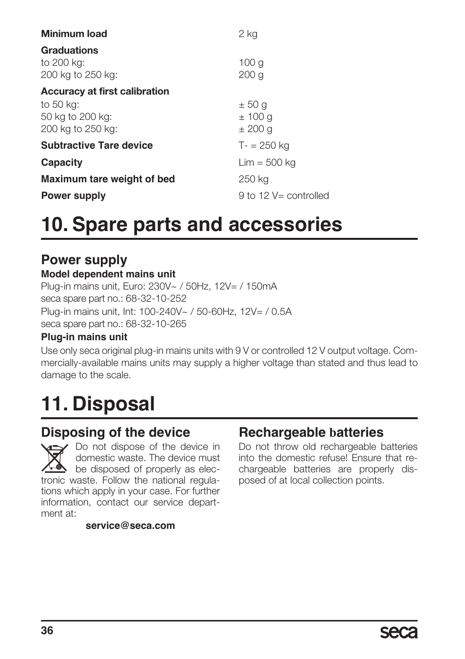 Spare parts and accessories, Power supply, Disposal | Disposing of the device, Rechargeable batteries, Rechargeable b atteries | Seca 985 User Manual | Page 36 / 239