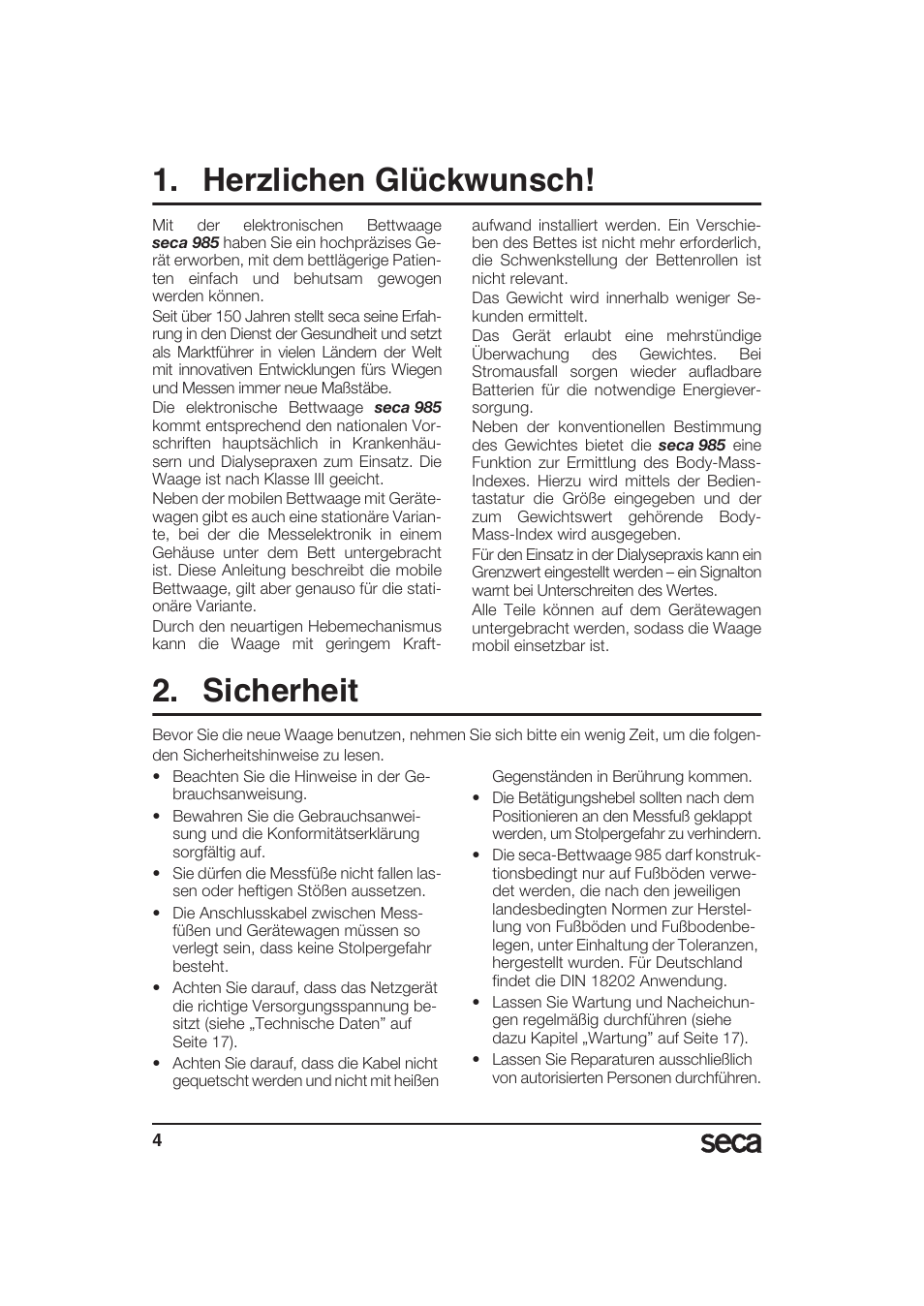 Deutsch, Herzlichen glückwunsch, Sicherheit | Seca 985 User Manual | Page 4 / 239