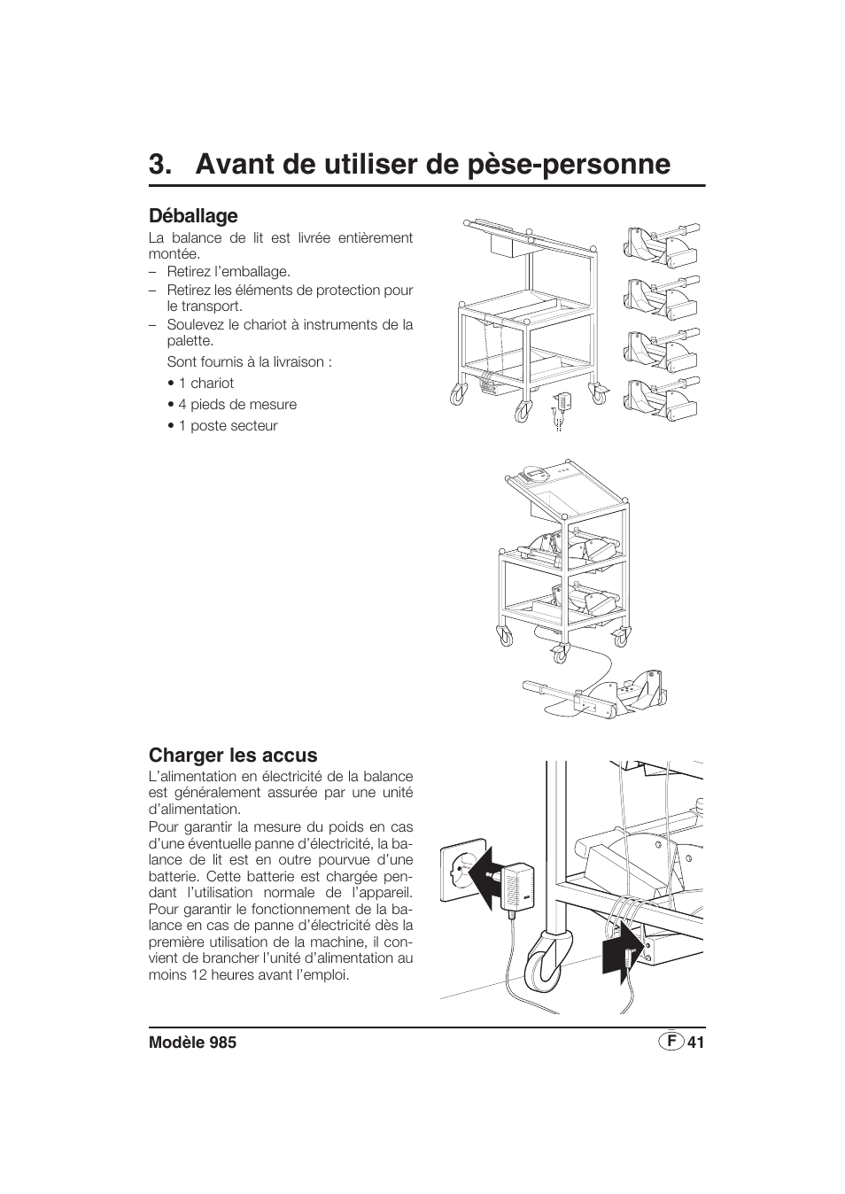 Avant de utiliser de pèse-personne, Déballage, Charger les accus | Seca 985 User Manual | Page 41 / 239