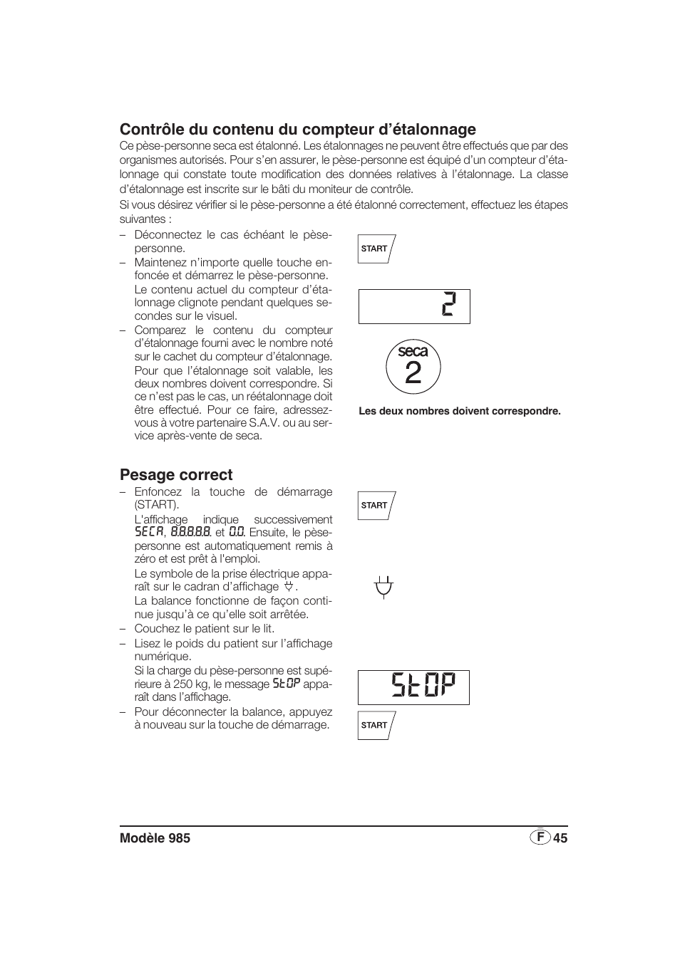 Contrôle du contenu du compteur d’étalonnage, Pesage correct | Seca 985 User Manual | Page 45 / 239