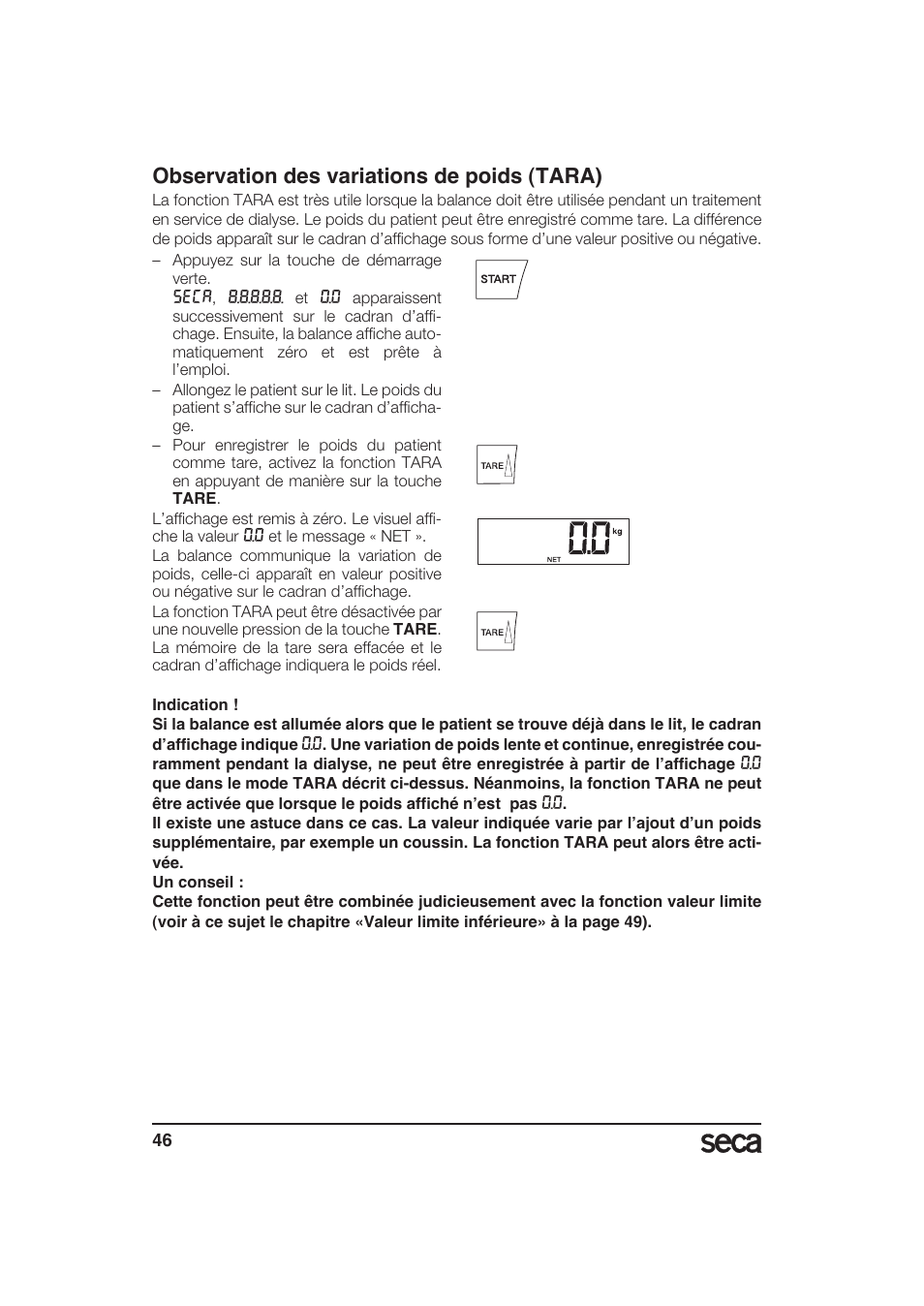 Observation des variations de poids (tara) | Seca 985 User Manual | Page 46 / 239