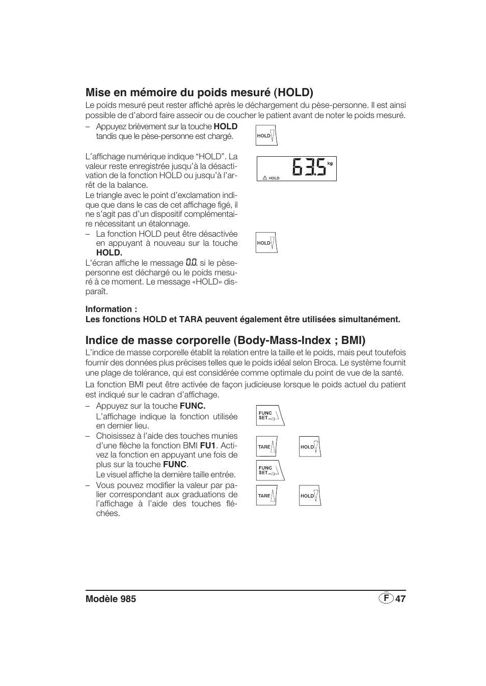 Mise en mémoire du poids mesuré (hold), Indice de masse corporelle (body-mass-index ; bmi) | Seca 985 User Manual | Page 47 / 239
