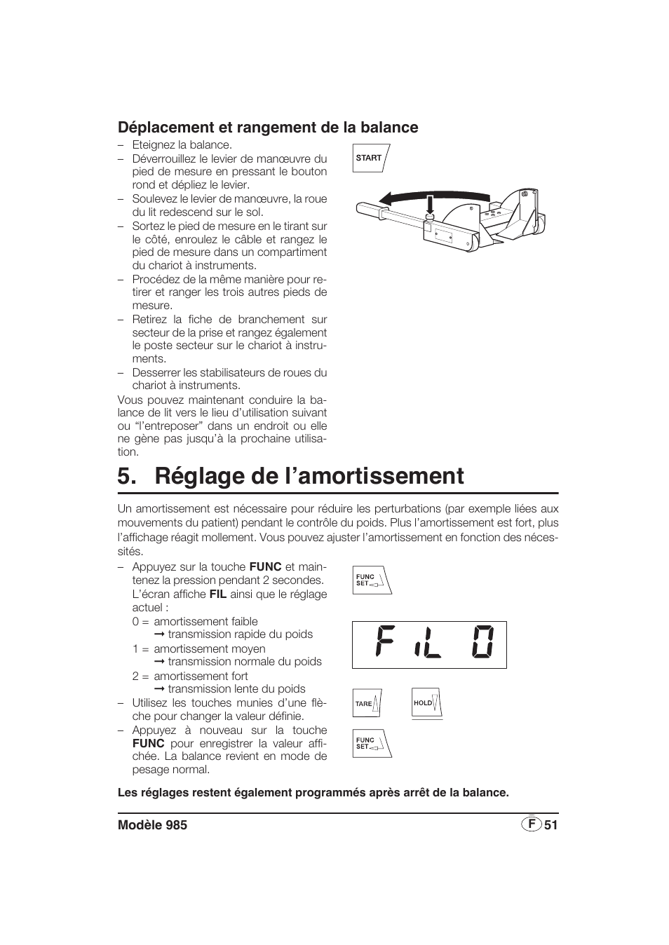 Déplacement et rangement de la balance, Réglage de l’amortissement | Seca 985 User Manual | Page 51 / 239