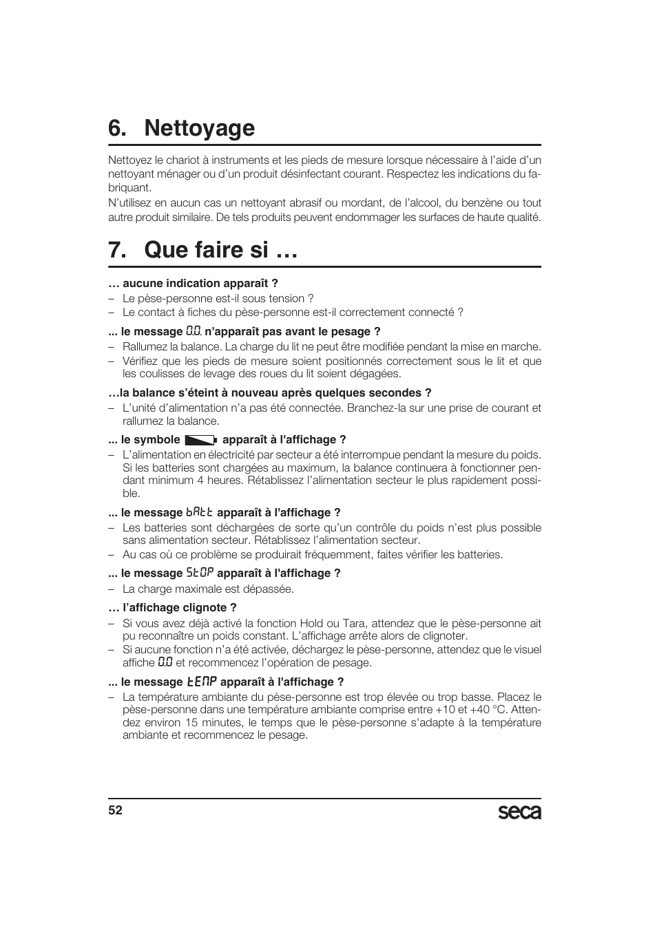 Nettoyage, Que faire si | Seca 985 User Manual | Page 52 / 239