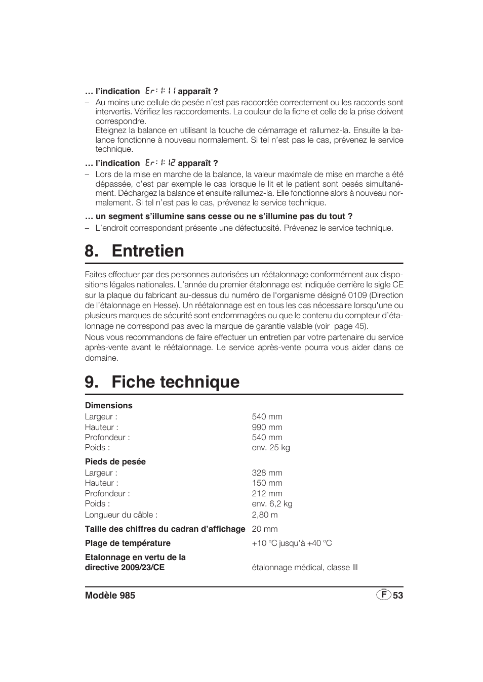 Entretien, Fiche technique | Seca 985 User Manual | Page 53 / 239