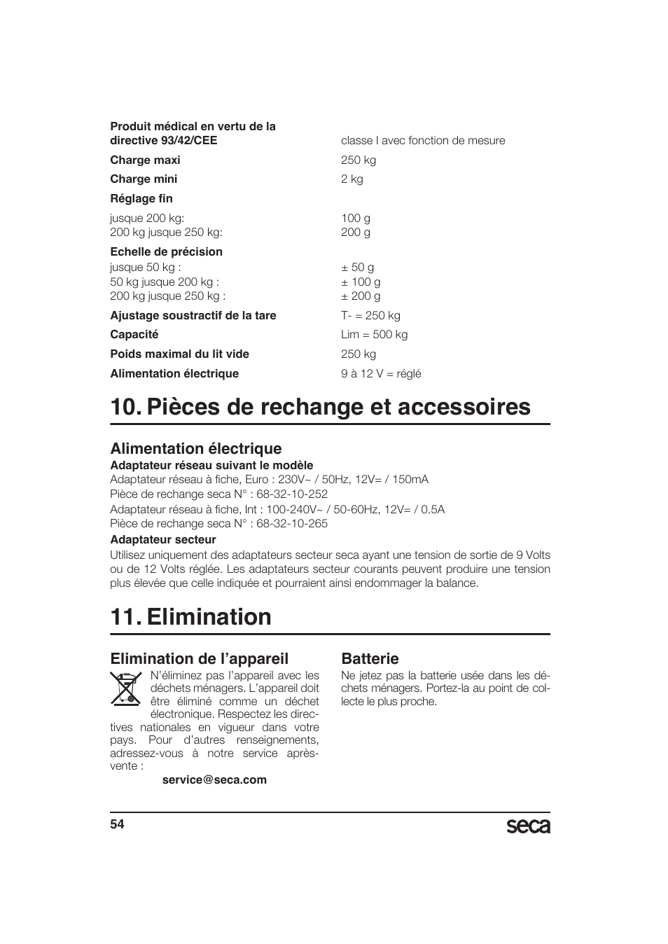 Pièces de rechange et accessoires, Alimentation électrique, Elimination | Elimination de l’appareil, Batterie | Seca 985 User Manual | Page 54 / 239