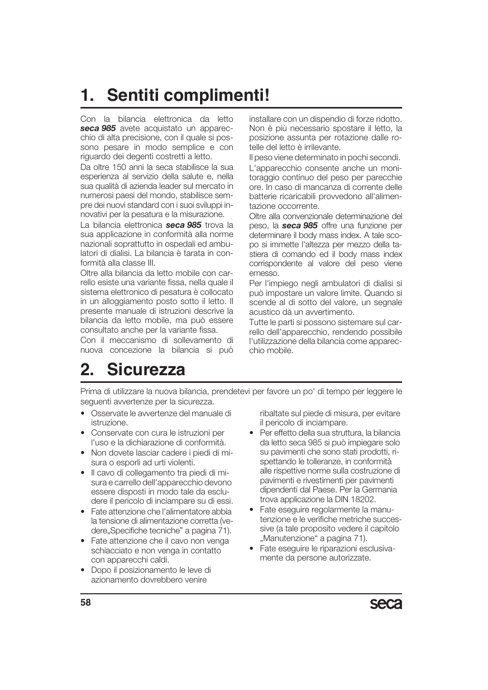 Italiano, Sentiti complimenti, Sicurezza | Seca 985 User Manual | Page 58 / 239