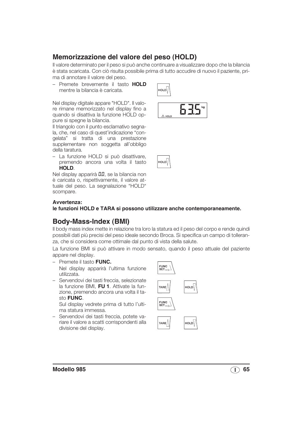 Memorizzazione del valore del peso (hold), Body-mass-index (bmi) | Seca 985 User Manual | Page 65 / 239