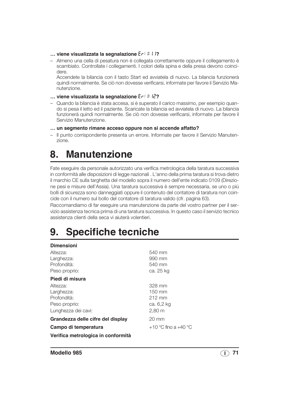 Manutenzione, Specifiche tecniche | Seca 985 User Manual | Page 71 / 239
