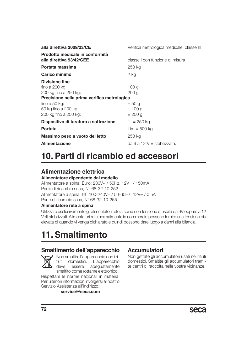Parti di ricambio ed accessori, Alimentazione elettrica, Smaltimento | Smaltimento dell’apparecchio, Accumulatori | Seca 985 User Manual | Page 72 / 239