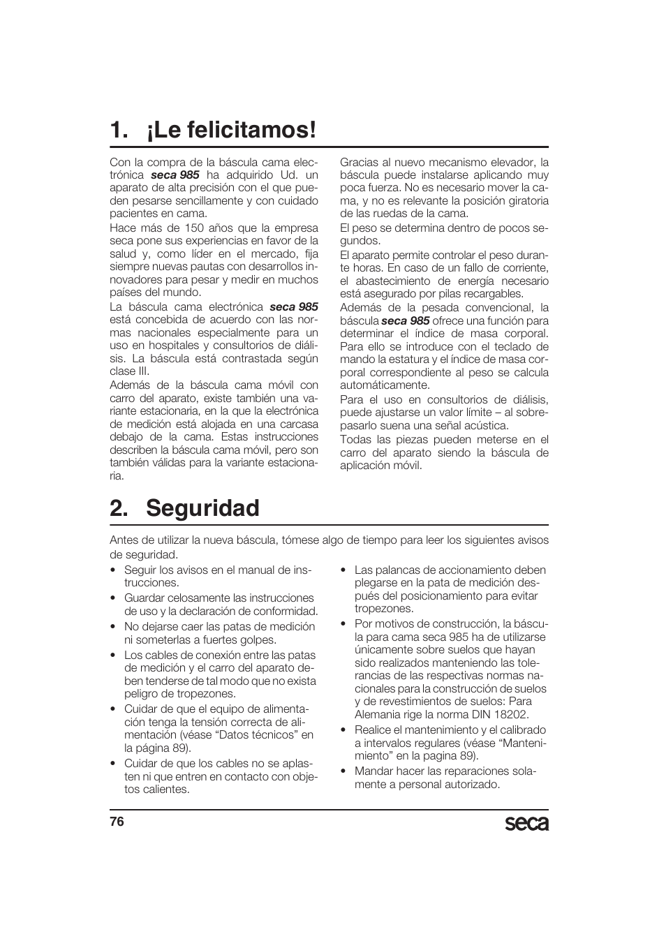 Español, ¡le felicitamos, Seguridad | Seca 985 User Manual | Page 76 / 239