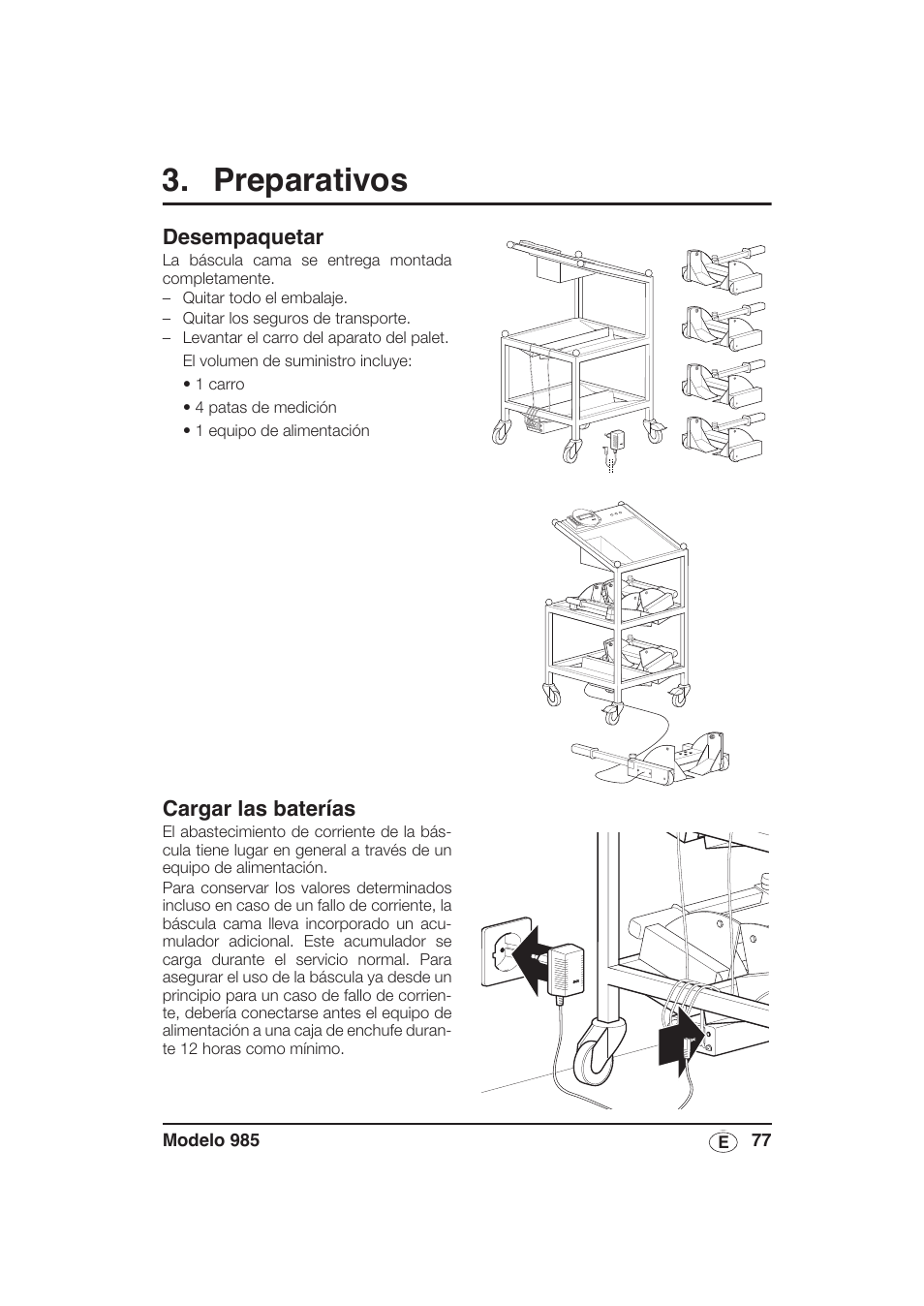 Preparativos, Desempaquetar, Cargar las baterías | Seca 985 User Manual | Page 77 / 239