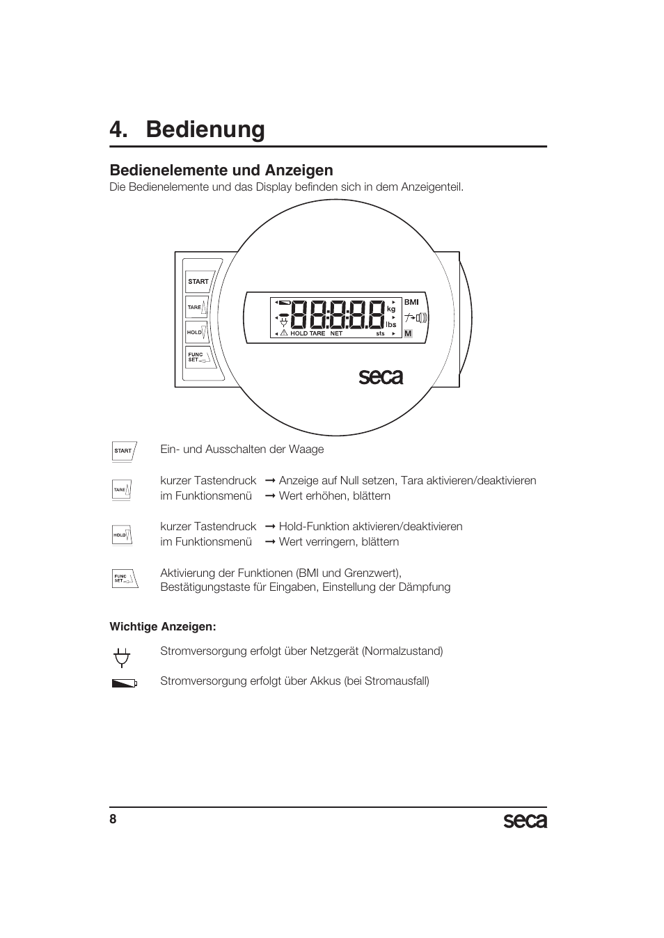 Bedienung, Bedienelemente und anzeigen | Seca 985 User Manual | Page 8 / 239
