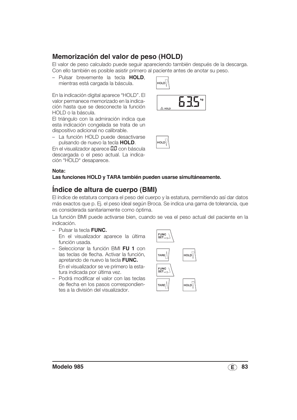 Memorización del valor de peso (hold), Índice de altura de cuerpo (bmi) | Seca 985 User Manual | Page 83 / 239
