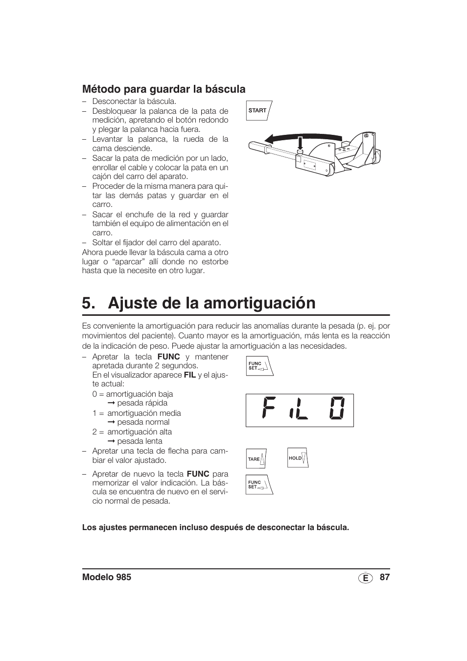 Método para guardar la báscula, Ajuste de la amortiguación | Seca 985 User Manual | Page 87 / 239