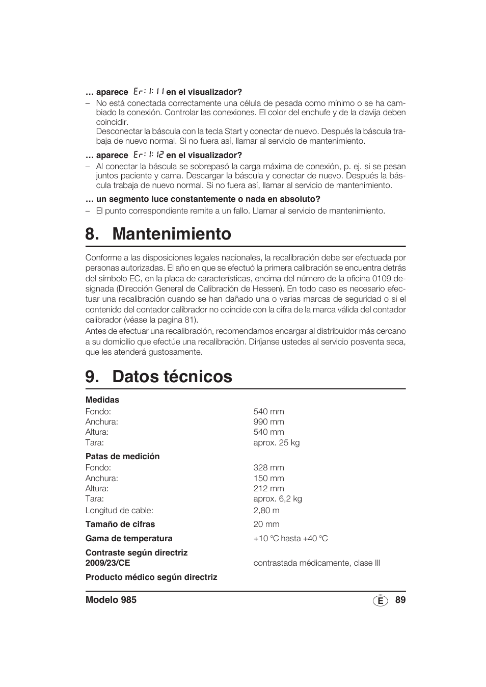 Mantenimiento, Datos técnicos | Seca 985 User Manual | Page 89 / 239