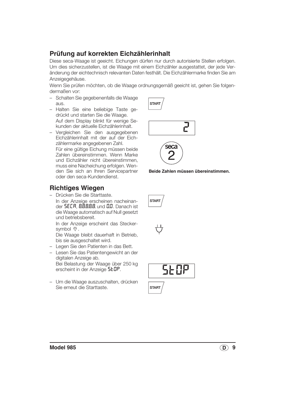 Prüfung auf korrekten eichzählerinhalt, Richtiges wiegen | Seca 985 User Manual | Page 9 / 239